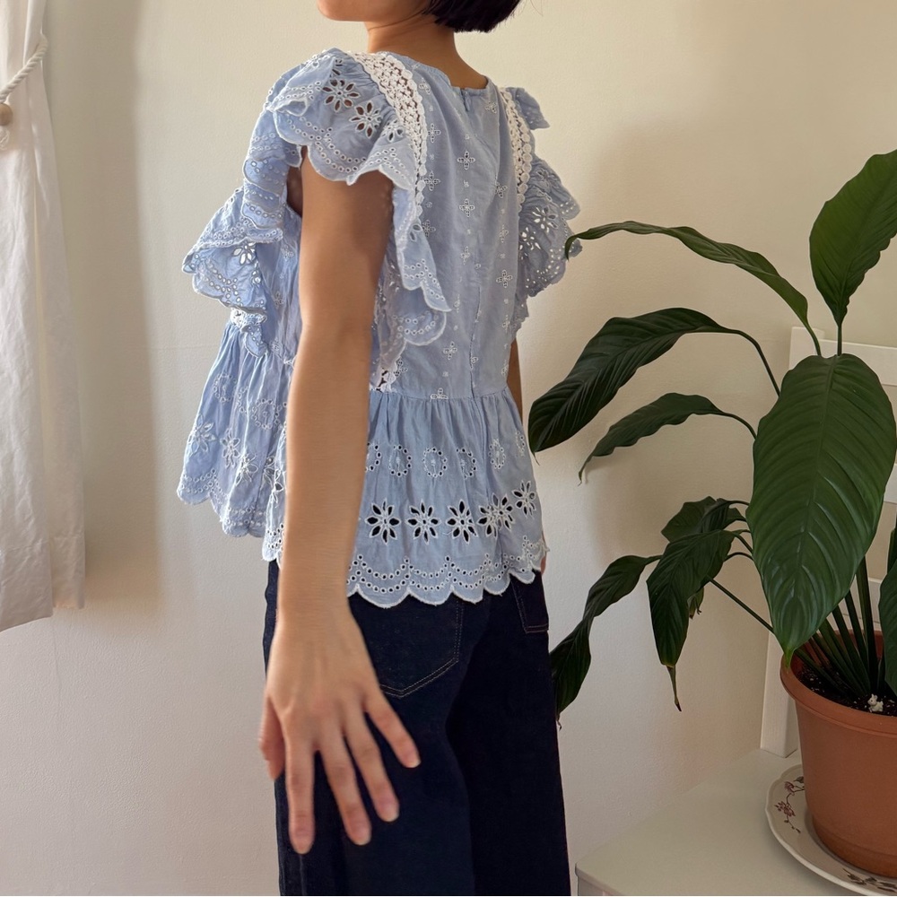 Jennifer & Grace 100% Cotton Eyelet Lace Trim Light Blue Babydoll Blouse Size M - Picture 6 of 12